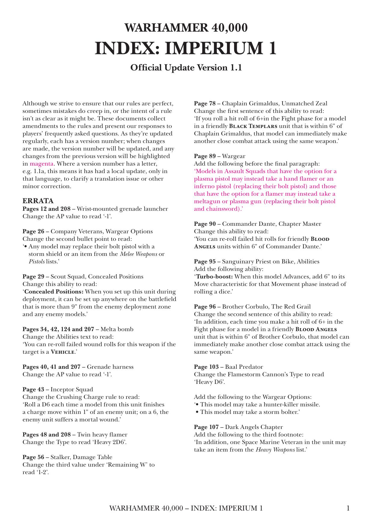 40K 8th ed Update Index Imperium 1 ver 1.1