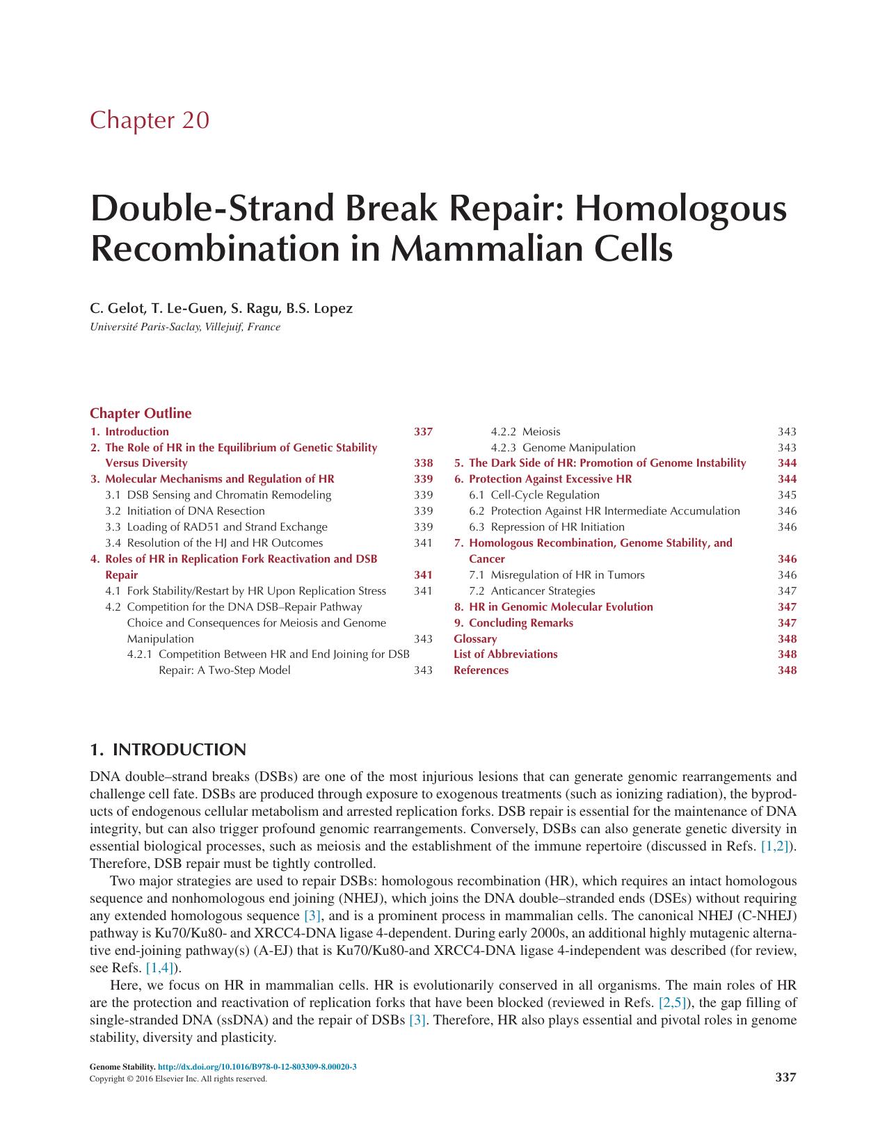 Chapter 20 - Double-Strand Break Repair: Homologous Recombination in Mammalian Cells