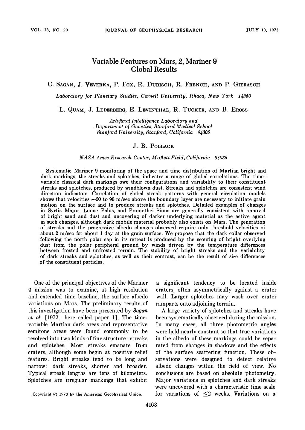 Variable features on Mars, 2, Mariner 9 global results