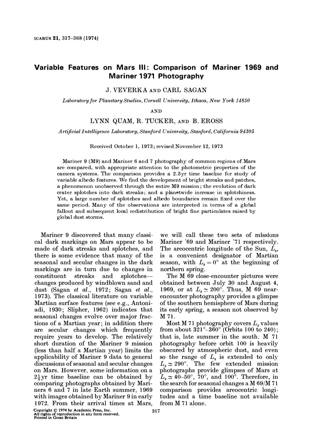 Variable Features on Mars, III (1974)