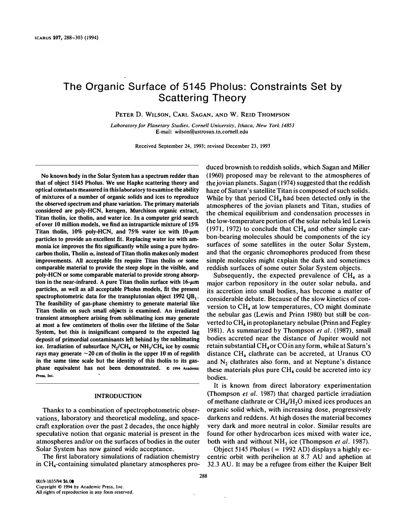 Organic Surface of 5145 Pholus (1994)