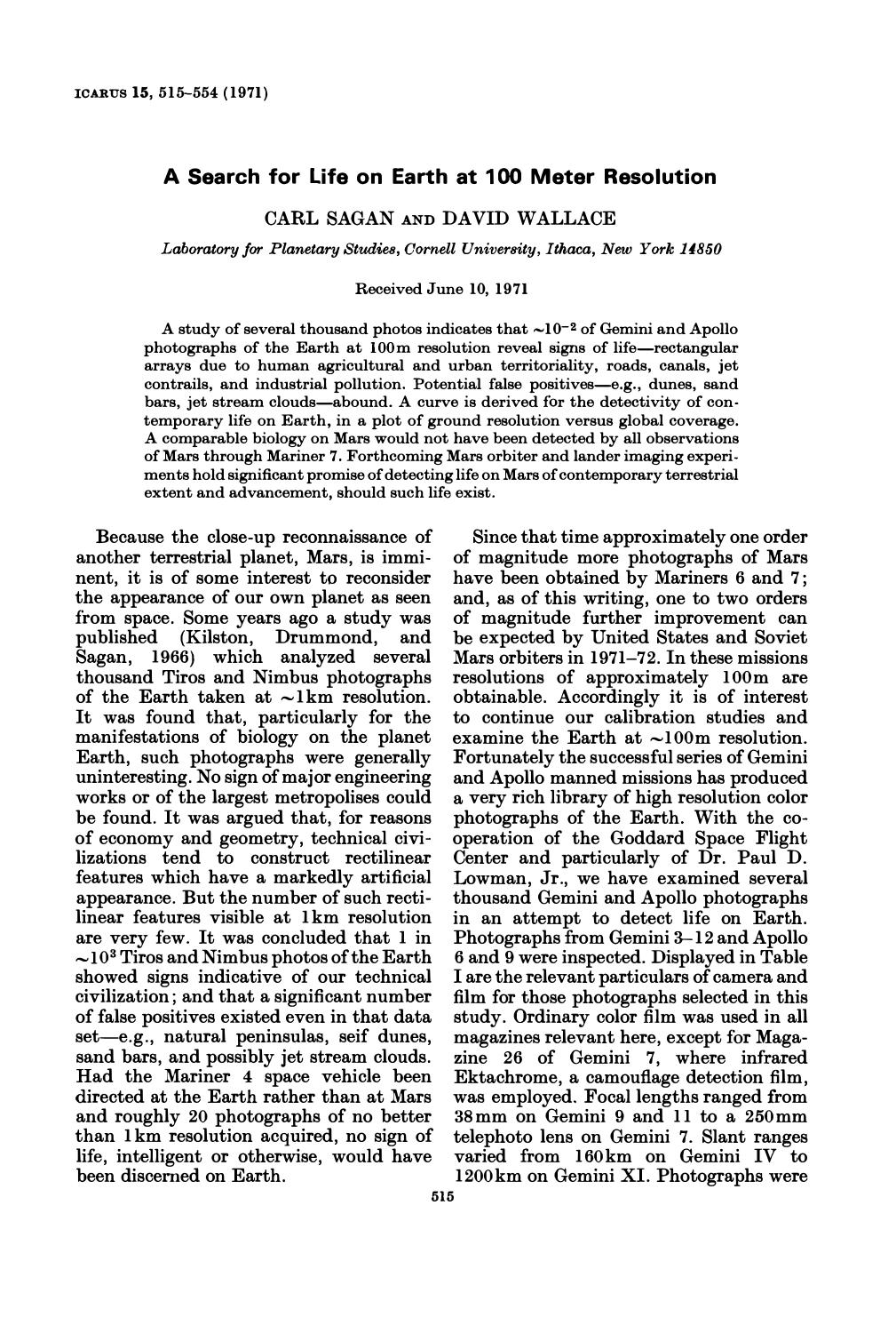 A Search for Life on Earth at 100 Meter Resolution (1971)