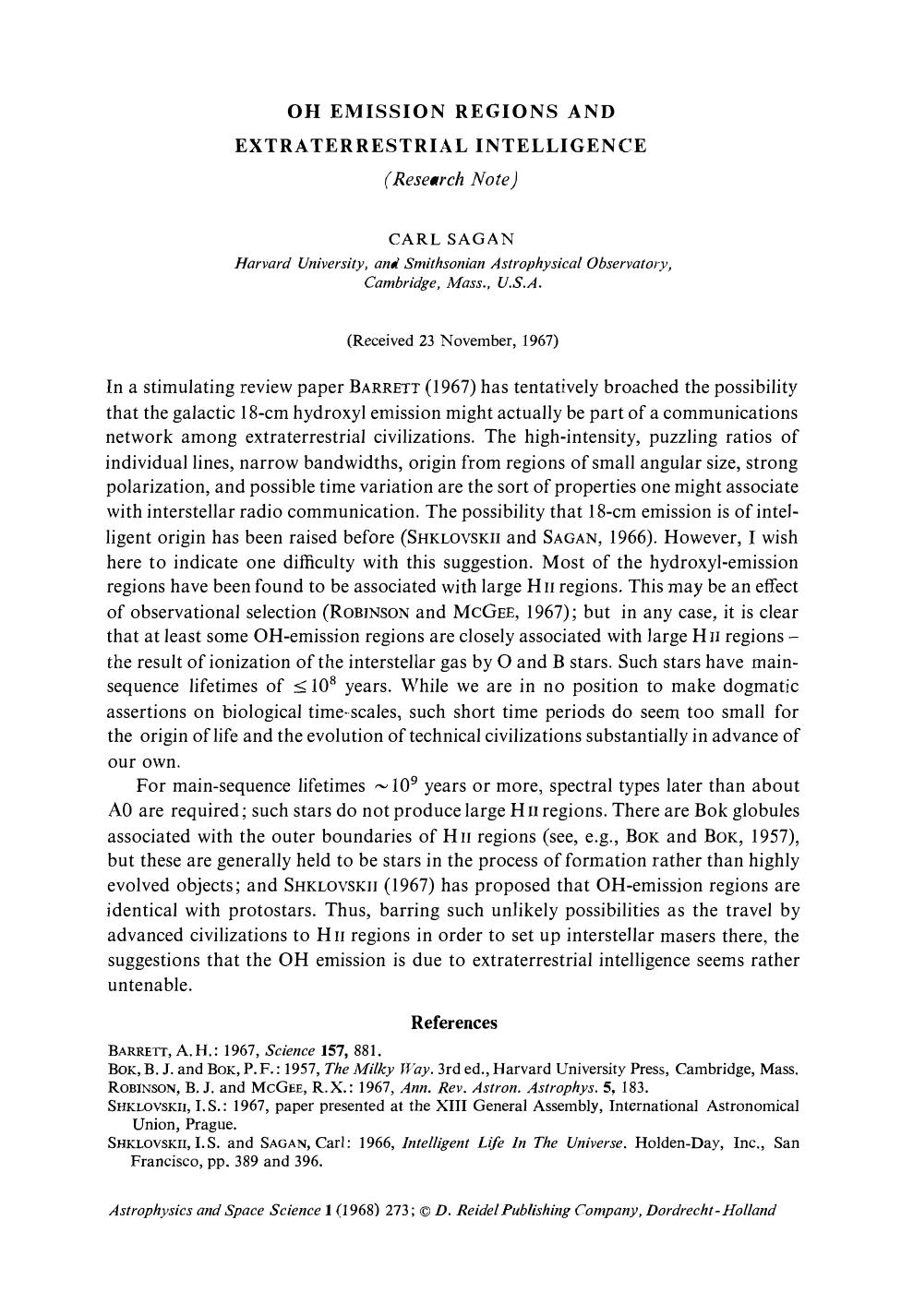 Oh emission regions and extraterrestrial intelligence
