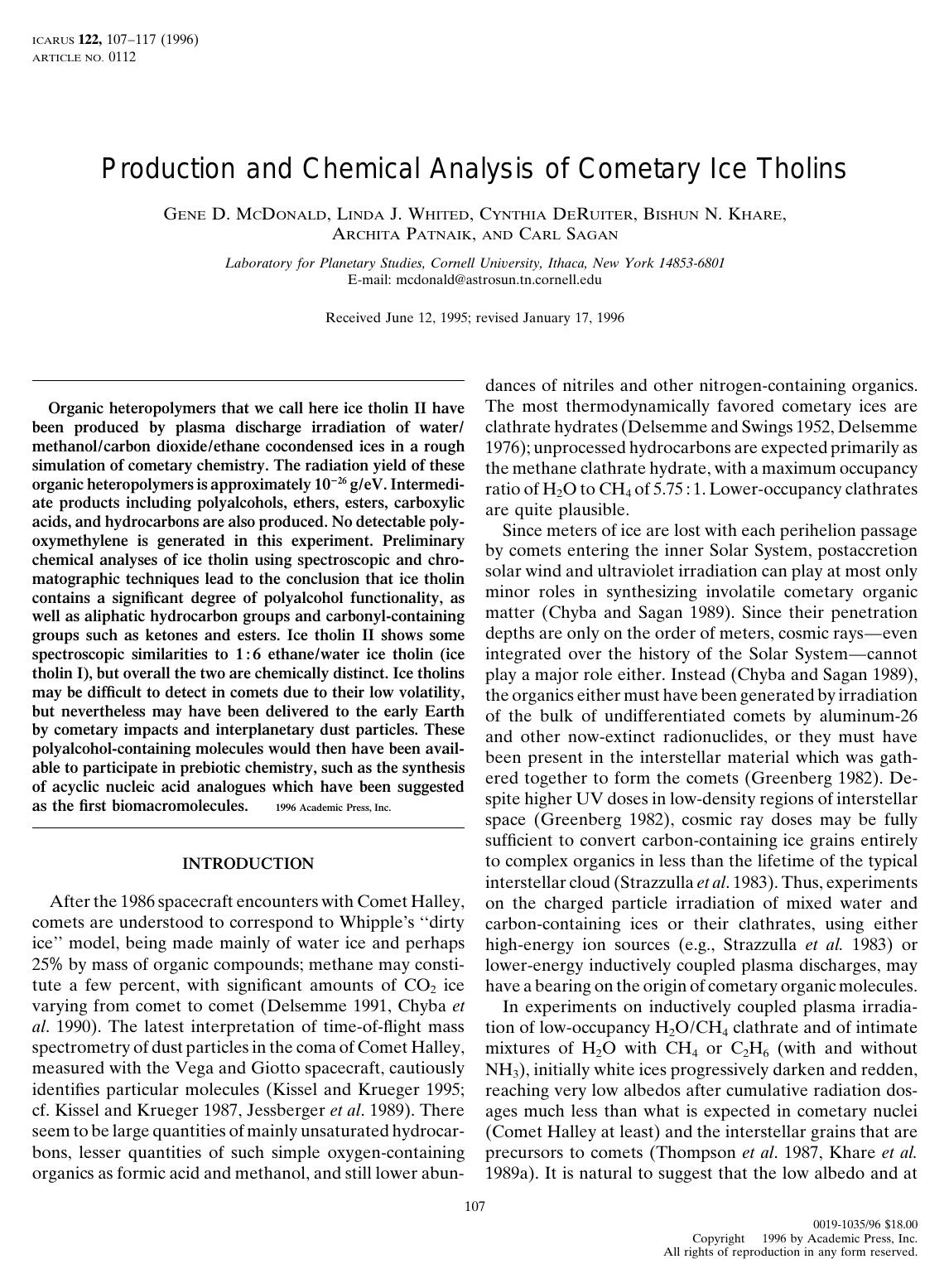 Production and Chemical Analysis of Cometary Ice Tholins (1996)