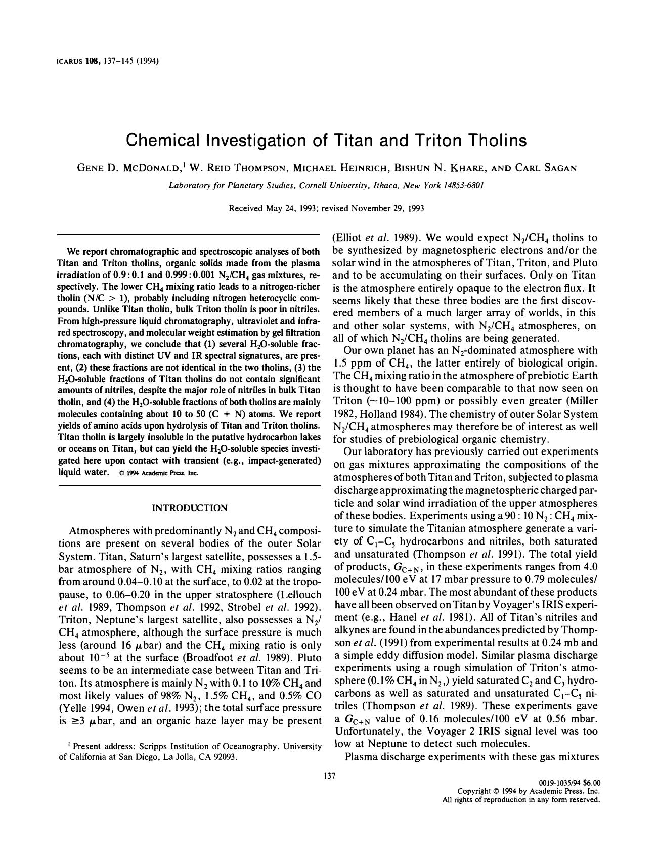 Chemical Investigation of Titan and Triton Tholins (1994)