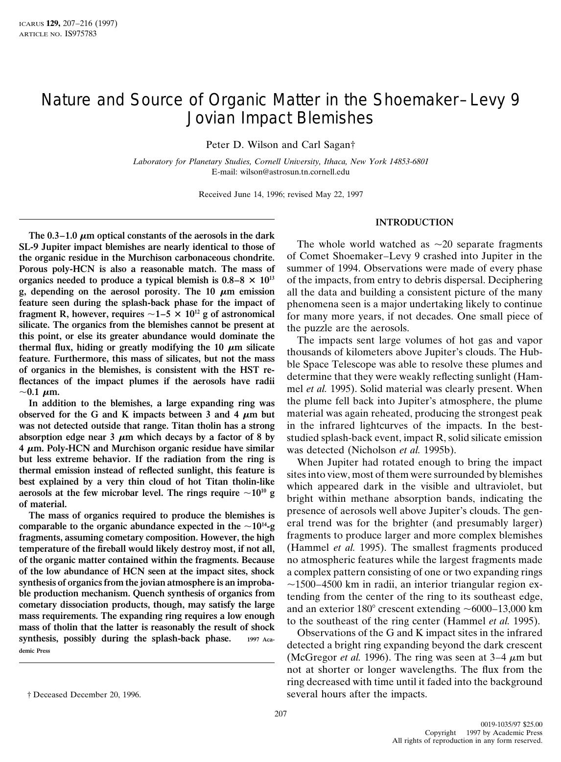 Organic Matter in the Shoemaker–Levy 9 Jovian Impact Blemishes (1997)
