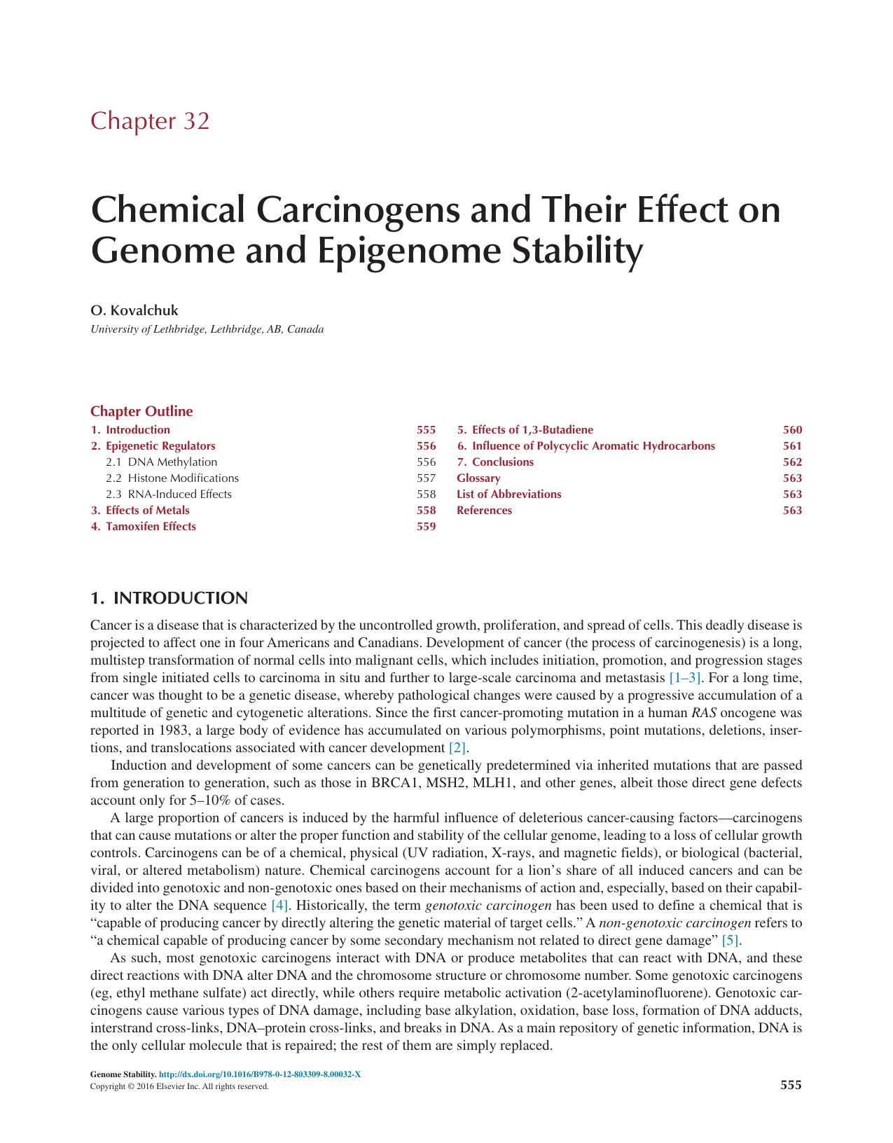 Chapter 32 - Chemical Carcinogens and Their Effect on Genome and Epigenome Stability