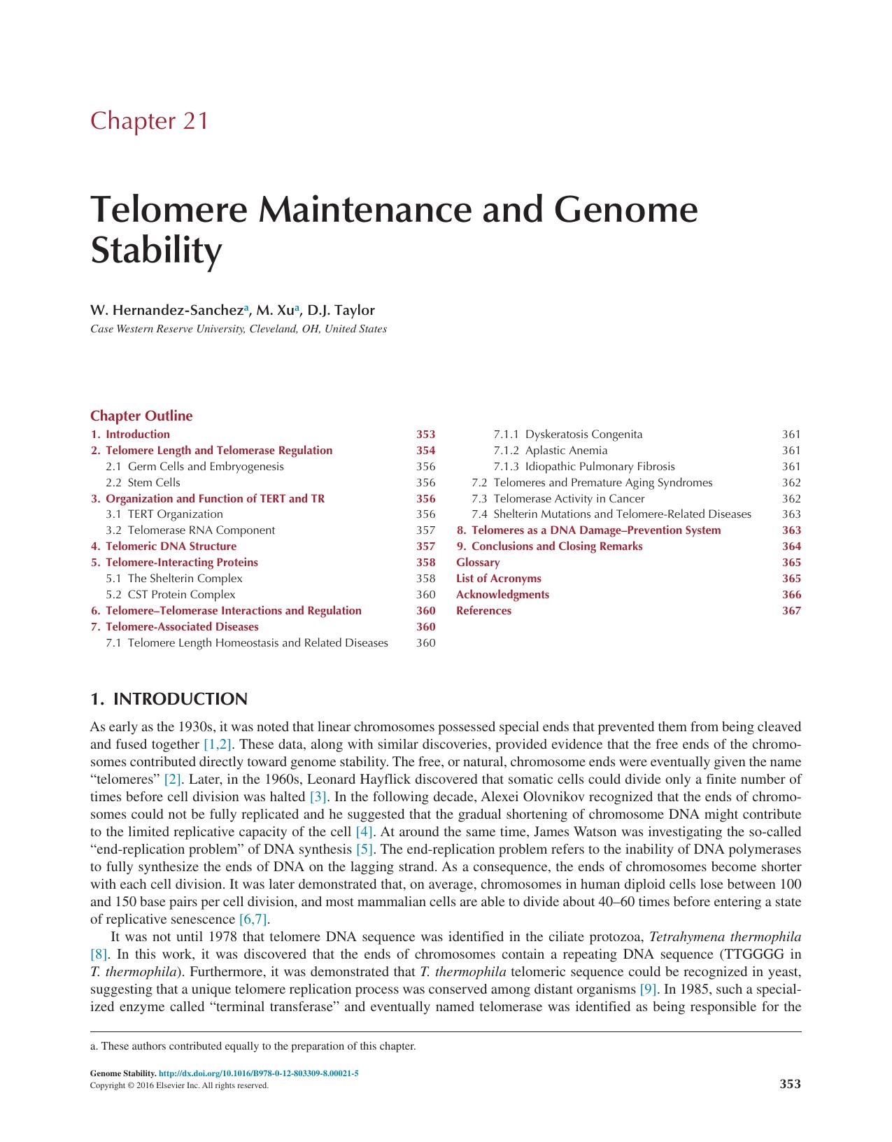 Chapter 21 - Telomere Maintenance and Genome Stability
