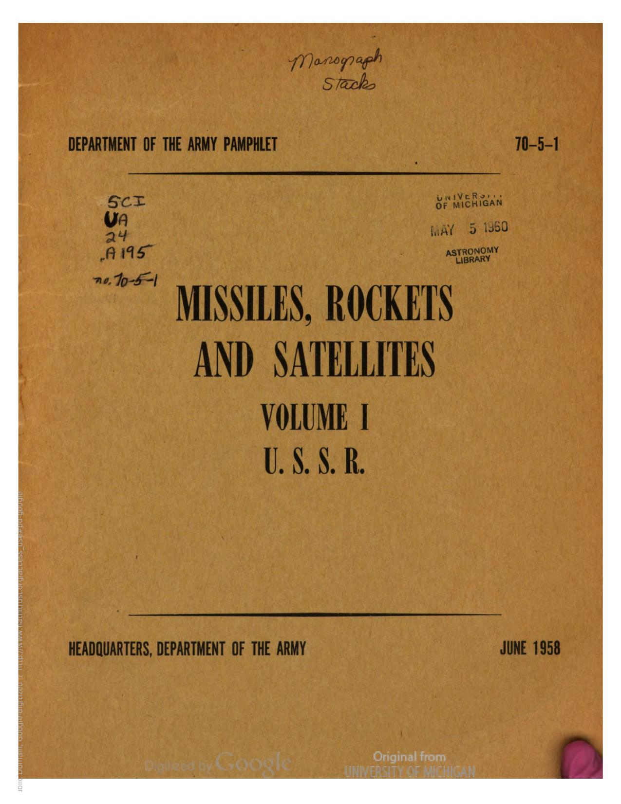 DA PAM 70-5-1 Missiles Rockets and Satellites Volume I USSR