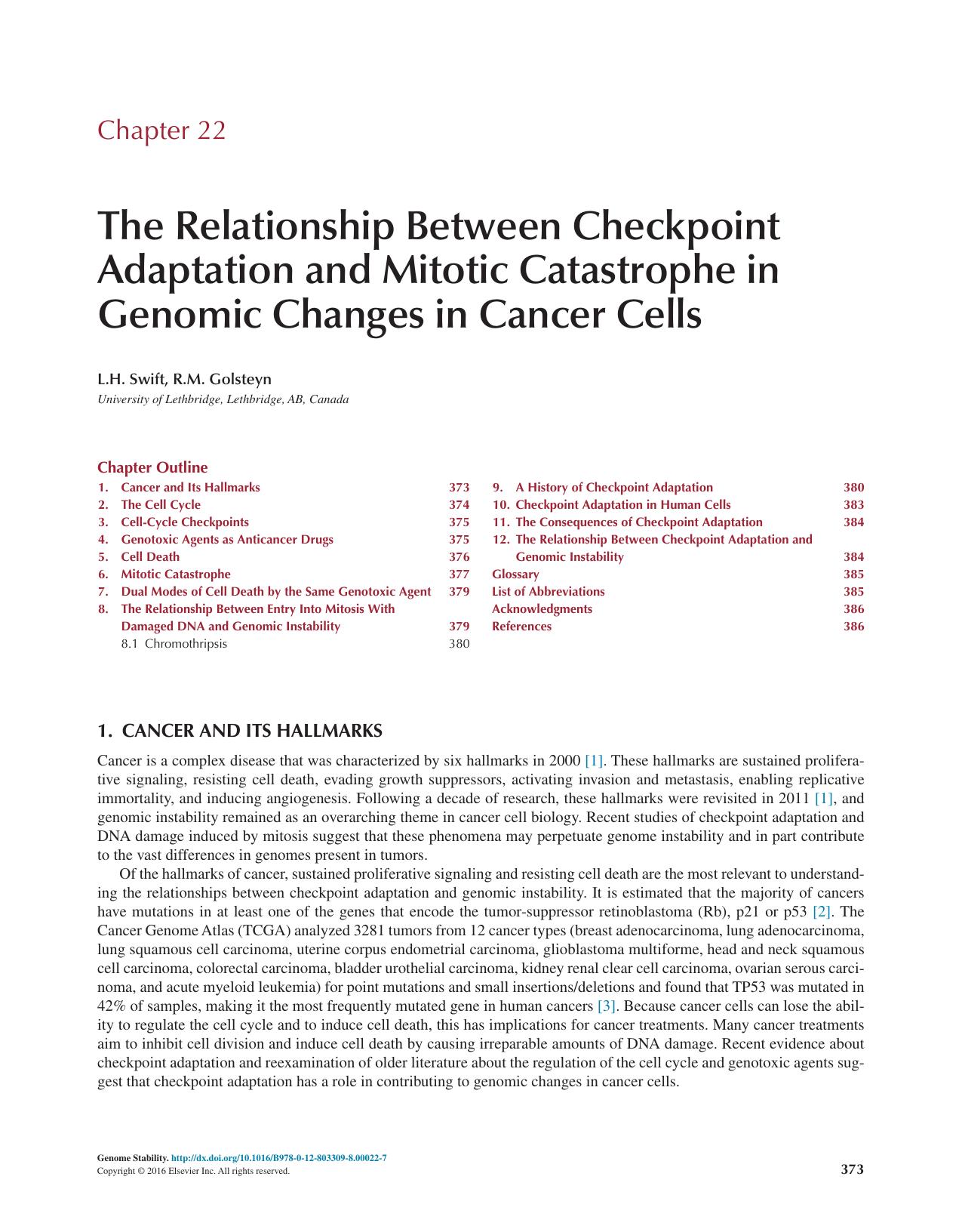 Chapter 22 - The Relationship Between Checkpoint Adaptation and Mitotic Catastrophe in Genomic Changes in Cancer Cells