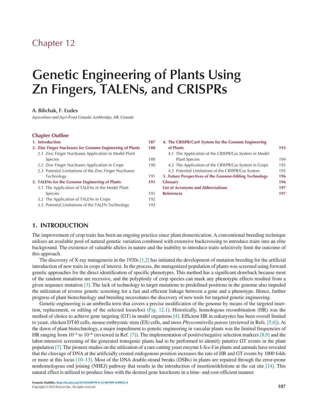 Chapter 12 - Genetic Engineering of Plants Using Zn Fingers, TALENs, and CRISPRs