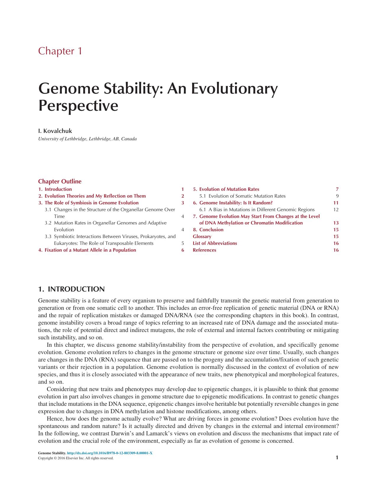 Chapter 1 - Genome Stability: An Evolutionary Perspective