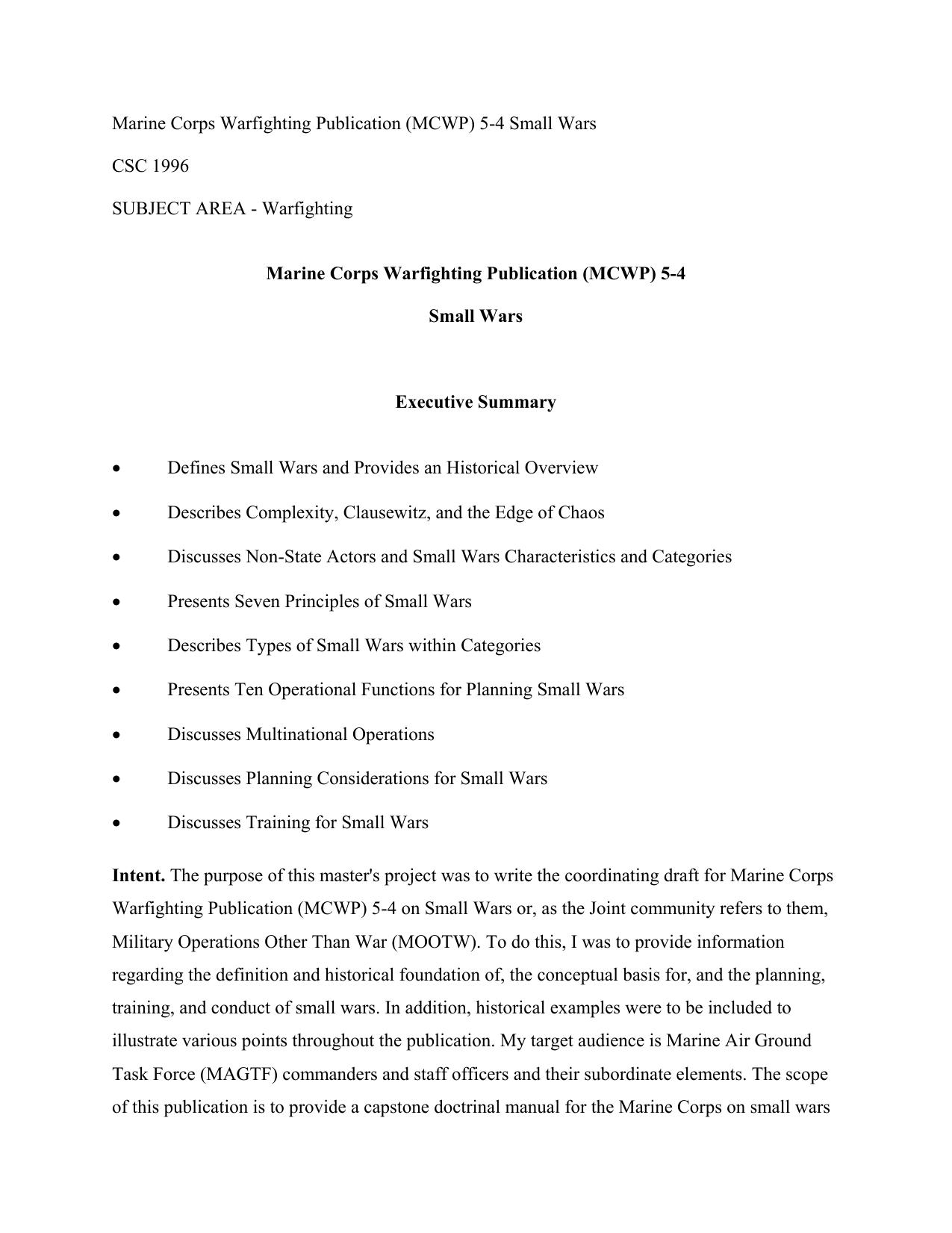 Marine Corps Warfighting Publiction (MCWP) 5-4 Small Wars