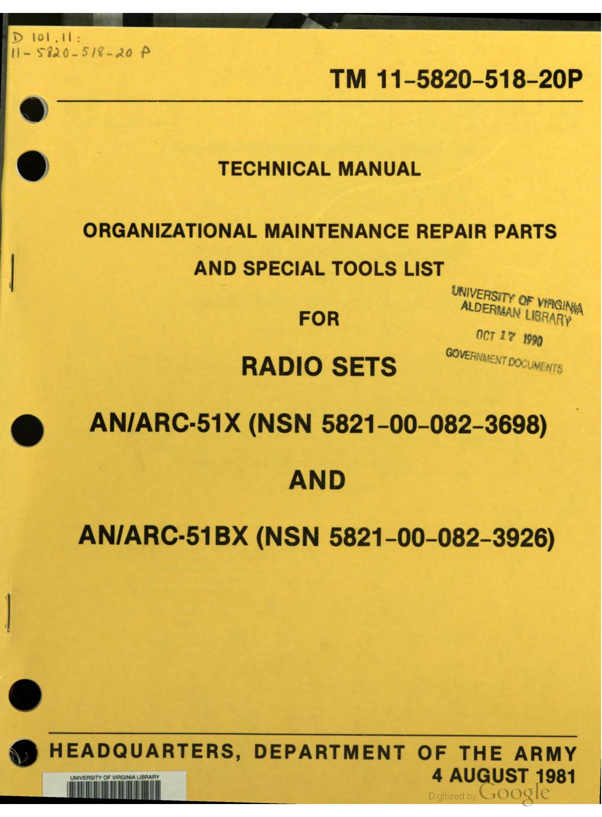 Organizational maintenance repair parts and special tools list for radio sets AN/ARC-51X [NSN 5821-00-082-3698] and AN/ARC-51BX [NSN 5821-00-082-3926].