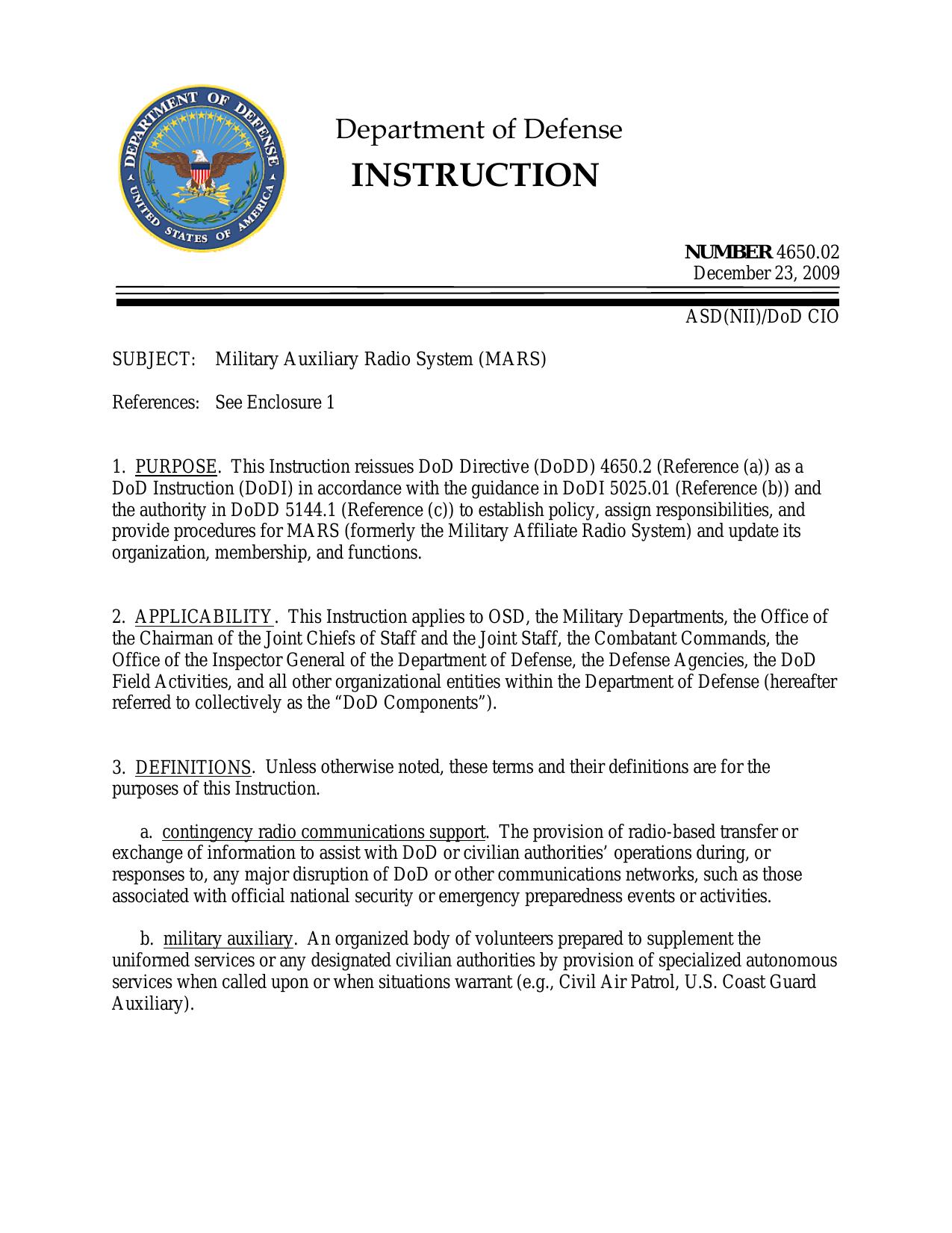 DOD Instruction 4650.02, December 23, 2009
