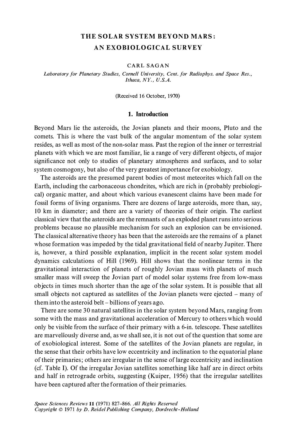 The solar system beyond Mars: An exobiological survey