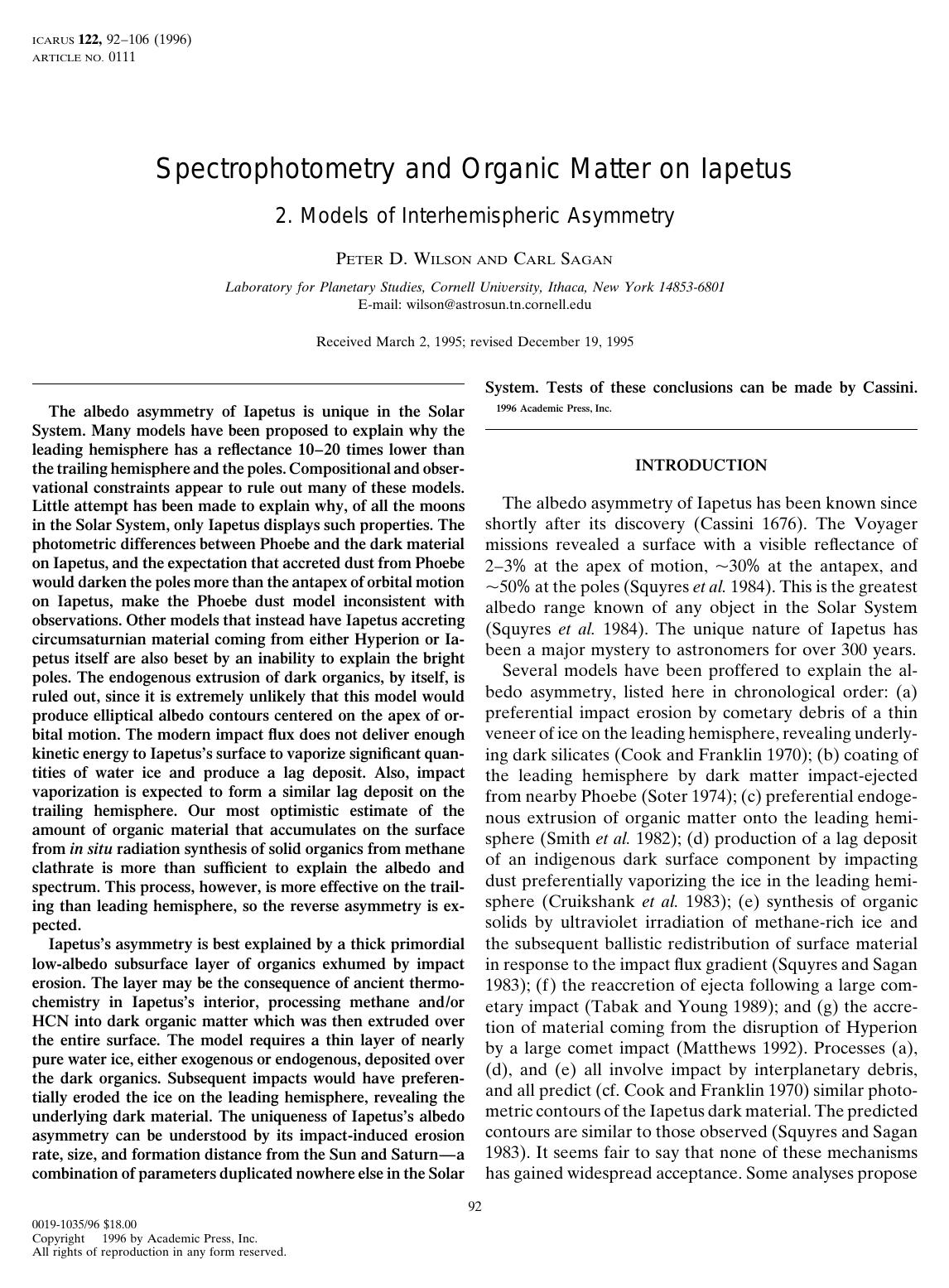 Spectrophotometry and Organic Matter on Lapetus (1996)