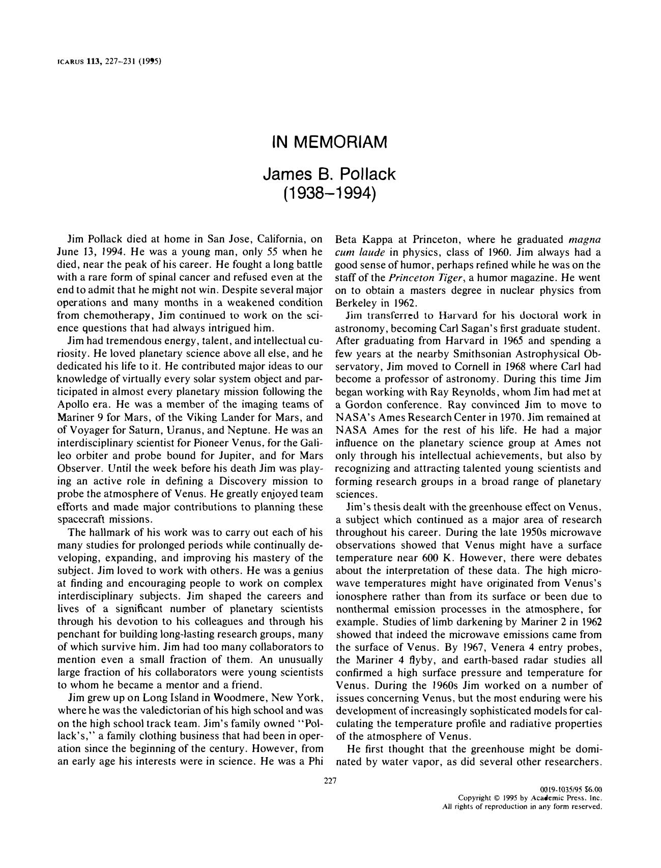 James B. Pollack [obituary] (1995)