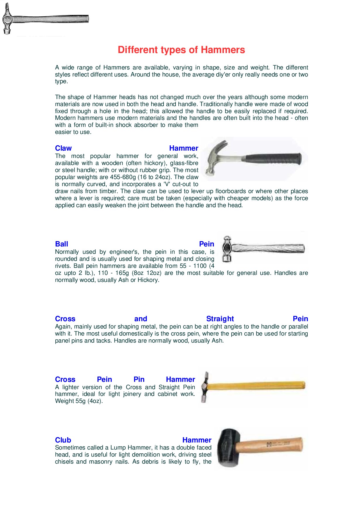 Different types of Hammers 
