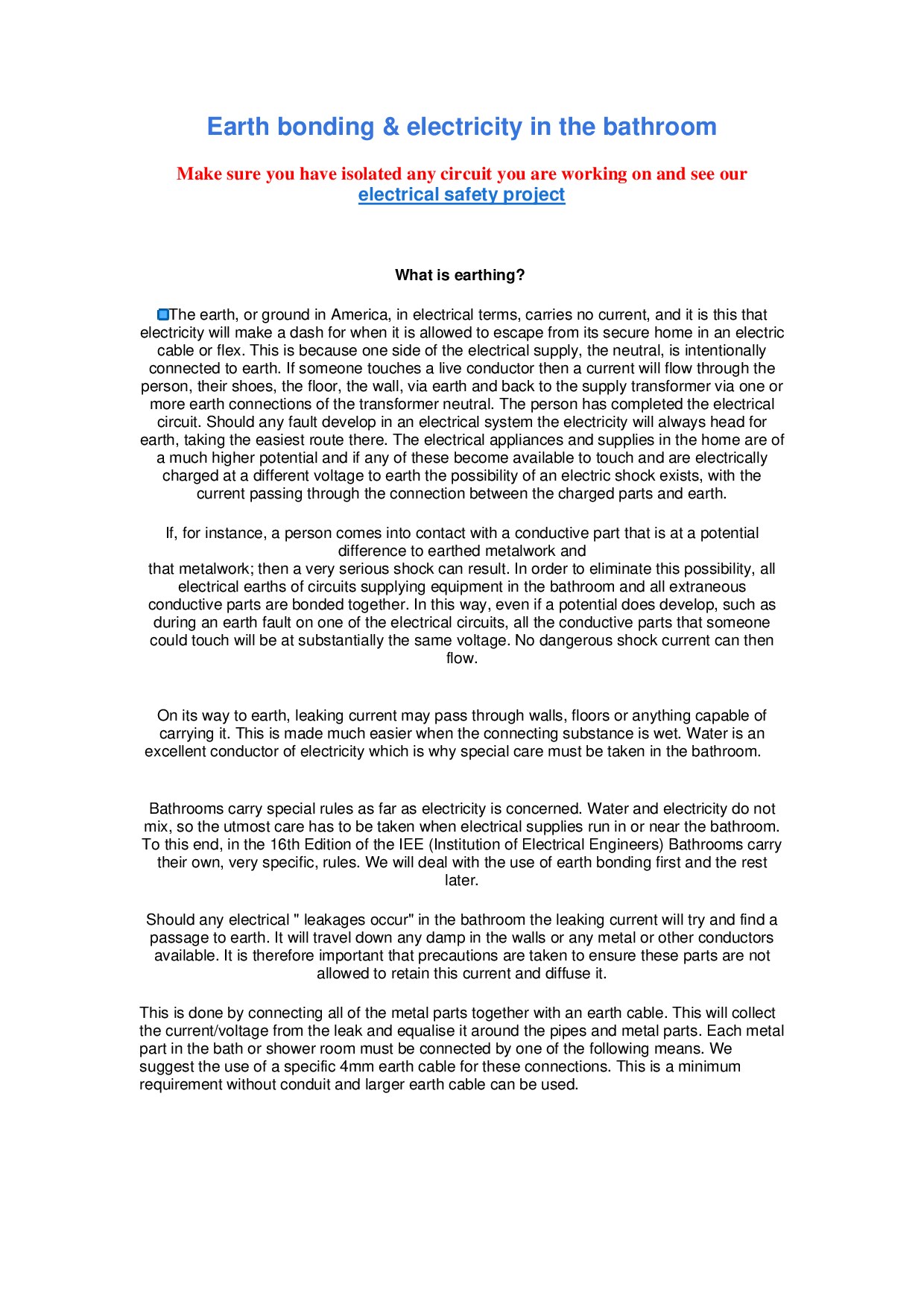 Earth bonding & electricity in the bathroom